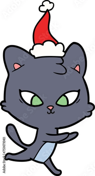Obraz cute line drawing of a cat wearing santa hat