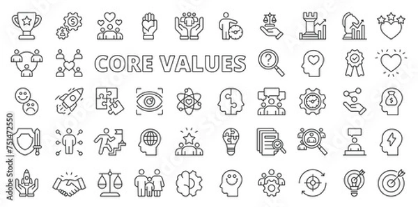 Fototapeta Core values icons in line design. Growth, business, icons, infographic, focus, creativity, gear, core, optimism, goal isolated on white background vector. Core values editable stroke icons.