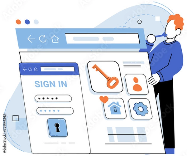 Fototapeta Sign up page vector illustration. The sign up page is entryway to websites offerings Verification ensures authenticity user provided information during registration Authorization grants access