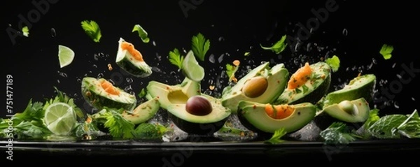 Fototapeta Fresh ripe avocados slides for bread avocado spread,  food bannner. Generative Ai.