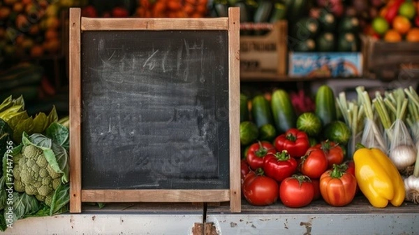 Fototapeta Regional organic shop / farmers market, vegetarian, vegan food background - Empty chalkboard on table, fresh healthy vegetables in the background