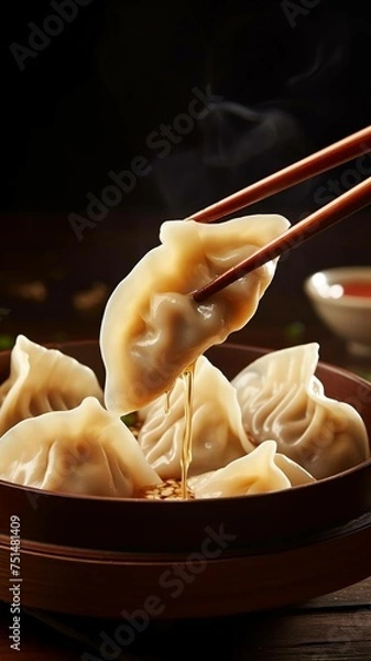 Fototapeta Chinese Dumplings with Chopsticks and Sauce
