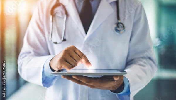 Fototapeta doctor in white coat, focused, pointing on tablet screen with finger, symbolizing modern healthcare and technology