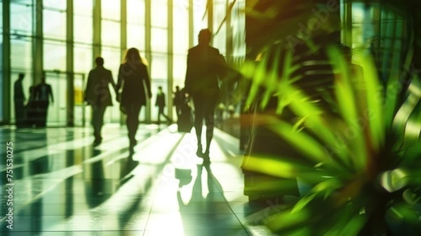 Fototapeta Generative AI, people walking on green office space, motion blur effect, environment concept