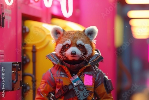 Fototapeta Reflective Adventure: Red Panda Character in Studio Setting. Created with Generative AI