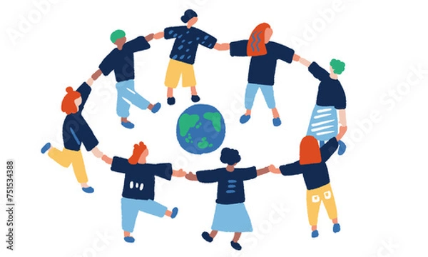 Fototapeta 手を繋ぐ人々と地球のシンプルなイラスト
