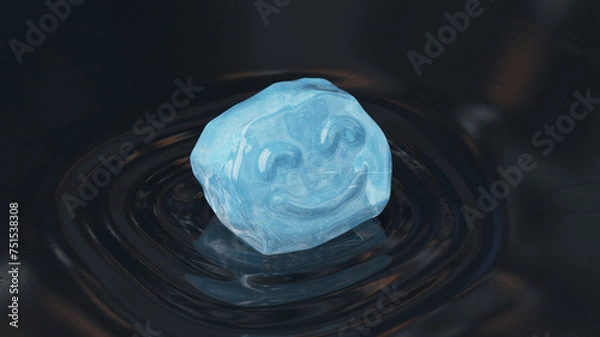 Fototapeta A piece of ice floats and melts in a spring puddle. Spring drops, melting snow. Dark background with copyspace. 3d render, 3d illustration.