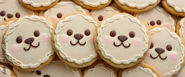 Obraz Cute animal shaped cookies. Eyes, nose, mouth decorated with chocolate. Close up of cookies.