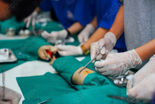 Fototapeta Nursing Students Practicing Surgical Suturing. A group of nursing students in scrubs perform suturing techniques on a model limb in a clinical practice session.