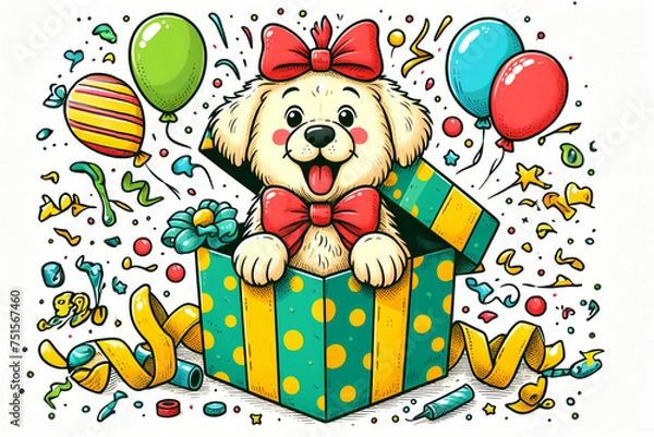 Obraz A cute puppy is popping out of a colorful gift box amidst balloons and confetti