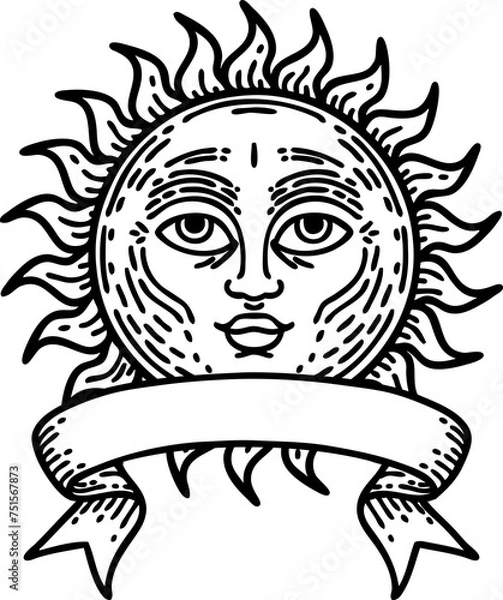 Fototapeta black linework tattoo with banner of a sun with face