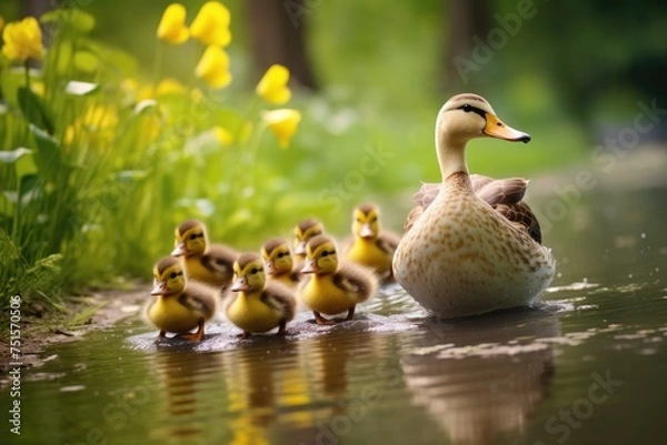 Fototapeta A mother duck leading her ducklings, Ai generated