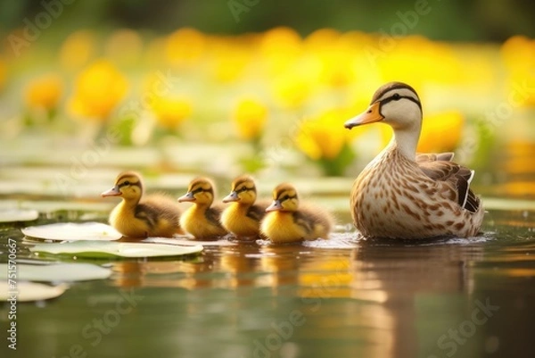 Fototapeta A mother duck leading her ducklings, Ai generated