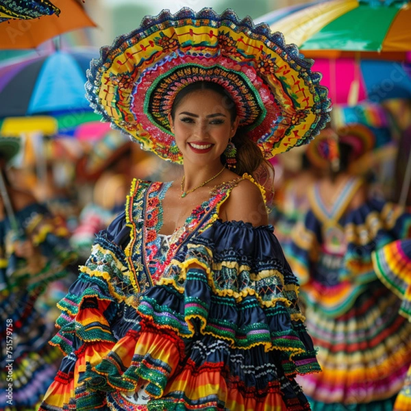 Obraz Dancers of typical Mexican dances from the region of Veracruz, Mexico, doing their performance in the street adorned with colored umbrellas.ai technology