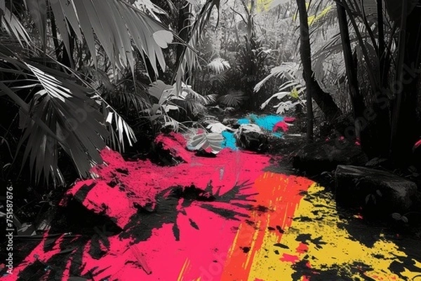 Fototapeta a black and white image with spots of colors of the jungle,  full of plants and trees, palms and flowers