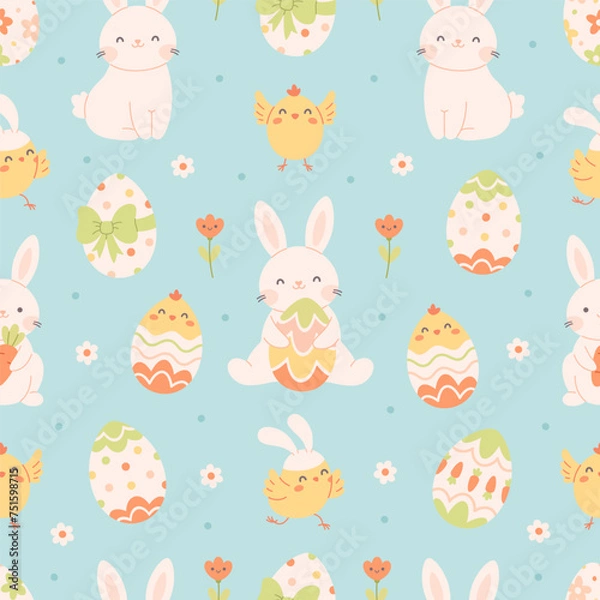 Fototapeta Easter seamless pattern with painted eggs, rabbits, chickens, flowers. Easter and spring elements. Vector illustration in flat style