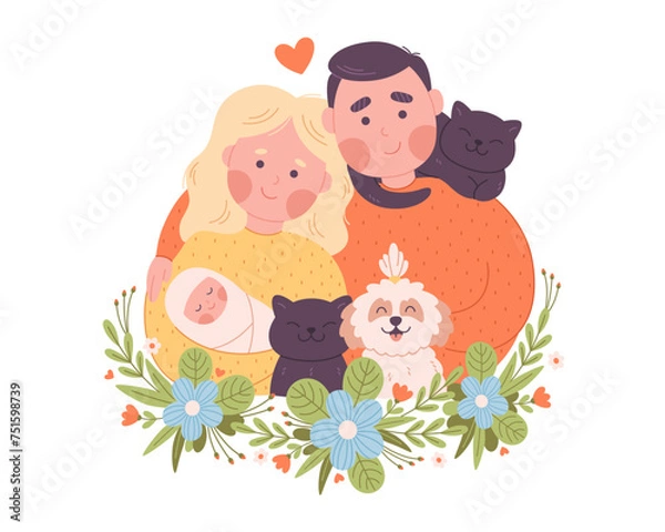 Obraz Portrait of happy family with child, cats and dog. World family day. Vector illustration in flat style