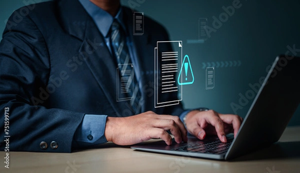 Fototapeta technology, document, information, caution, management, paperwork, security, office, online, database. system warning hacked alert triangle caution warning, scam virus spyware malware antivirus.