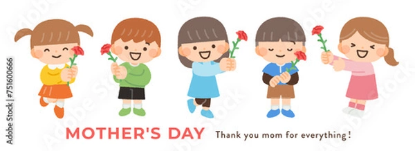 Fototapeta 母の日にカーネーションを持つ子供たちのイラスト素材