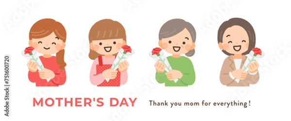 Fototapeta 母の日にカーネーションを持つお母さんのイラスト素材