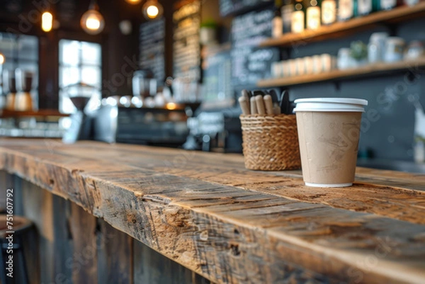 Fototapeta Close-up perspective of a textured wooden table with a defocused cafe setting in the background