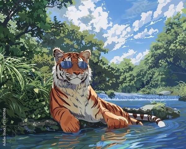 Fototapeta An AI teacher in the form of a tiger wearing sunglasses giving lessons by a serene river symbolizing the fusion of nature and technology