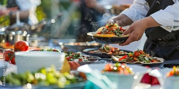 Fototapeta Sunset at a cooking competition chefs present spicy tacos at the judges table trophy awaits winner