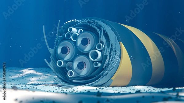 Fototapeta Broken subsea cable on the seabed. Internet connection failure. 3d rendering