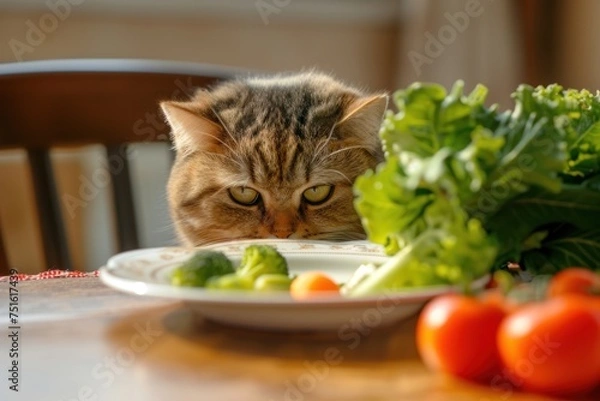 Fototapeta Brown tabby cat eyeing a plate of vegetables with a look of disdain. cat squinting in disdain at a plate of vegetables, the epitome of feline scorn for non-meat options