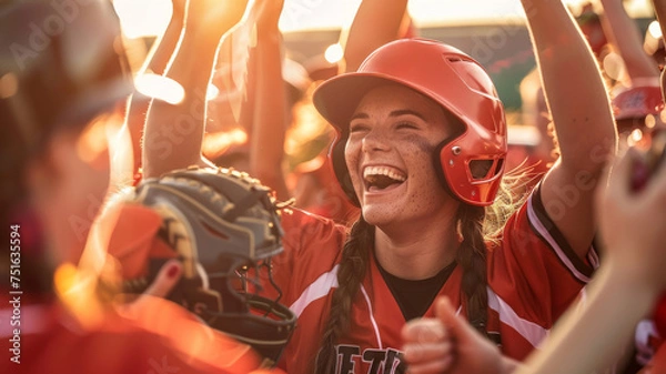 Fototapeta Closeup photo of a softball players celebrating a victory in the evening with fans in the background