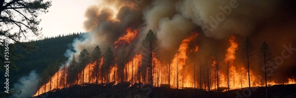Fototapeta Forest fire, burning pine trees in the forest, natural disaster concept