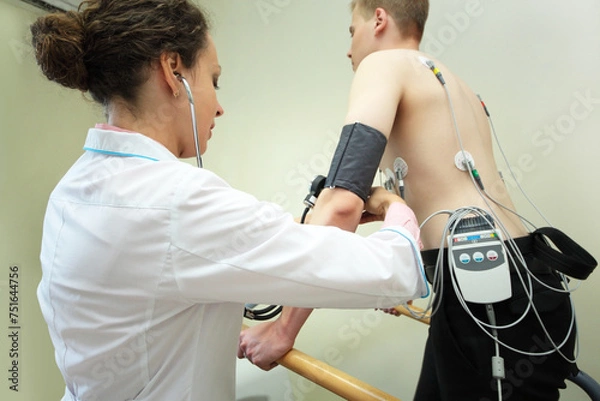 Obraz Nurse putting on cuff of device for measuring patients blood pressure during exercise ECG in hospital