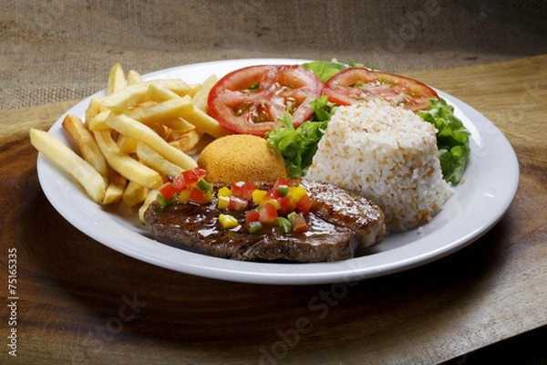 Obraz Stek z ryżem i ziemniakami
