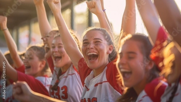 Fototapeta Closeup photo of a softball players celebrating a victory in the evening with fans in the background