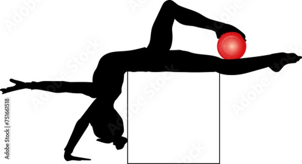 Obraz This is a vector illustration of a black silhouette of a girl practicing artistic gymnastics with a red ball on a white background. The girl is depicted in a graceful pose, standing on tiptoes with ou