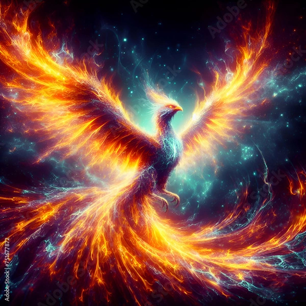 Fototapeta A Majestic Phoenix from digital Ashes in a Blaze of Holographic Flames