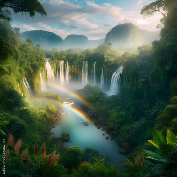 Fototapeta A Rainbow Over a Waterfall Surrounded, Cloudy Sunny