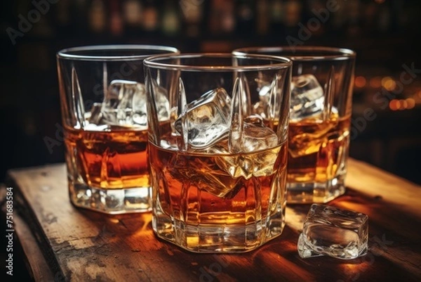 Fototapeta Whiskey and ice on rustic background with selective focus   vintage whiskey or brandy drink concept