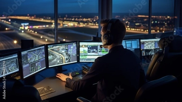 Fototapeta  Male Air Traffic Controller with Headset Talk on a Call in Airport Tower.