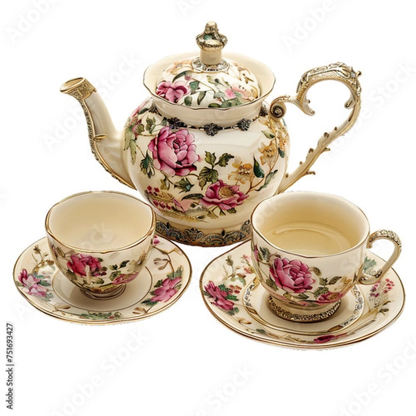 Obraz Vintage Tea Set, transparent background, isolated image, generative AI