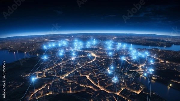 Fototapeta Illustration of illuminated cities with linear connections, offering a view of Europe and suitable for technology and future themes.