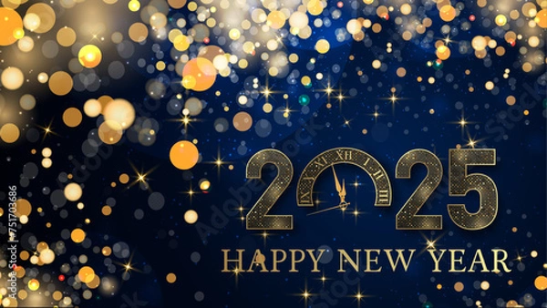 Fototapeta card or banner to wish a happy new year 2025 in gold the 0 is a clock on a dark blue gradient background with gold colored stars and circles in bokeh effect
