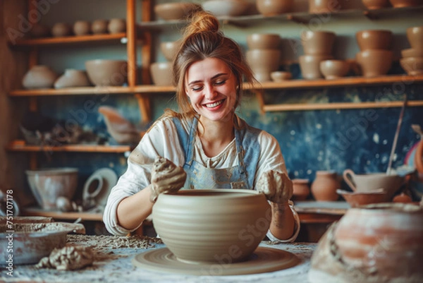 Fototapeta A happy smiling woman ceramist works behind a potter's wheel in a pottery workshop. Hobby and creativity concept.