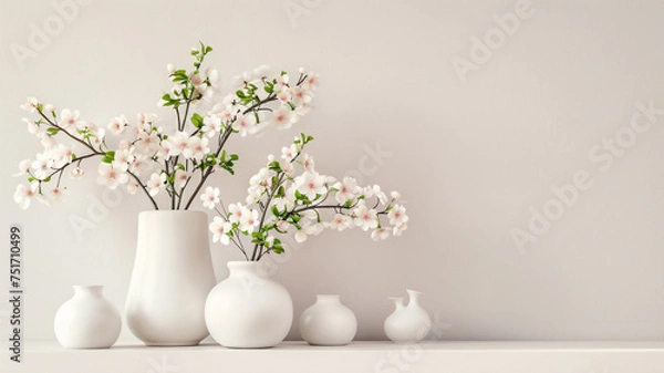Fototapeta white vases with  flowers on a white shelf with copy space , backdrop for product presentation .
