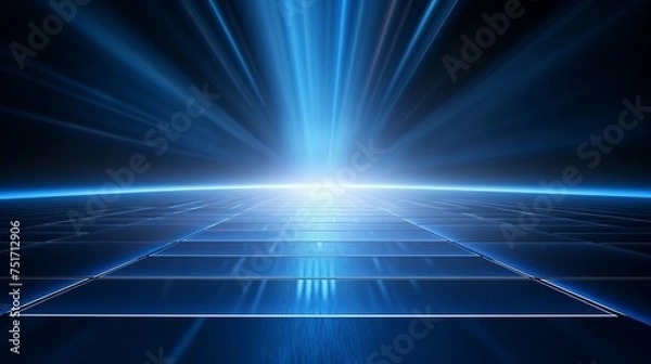 Obraz Clean Photography Studio Product Showcase Spotlight Background. Abstract Blue Background with Neon Light Rays and Reflections.