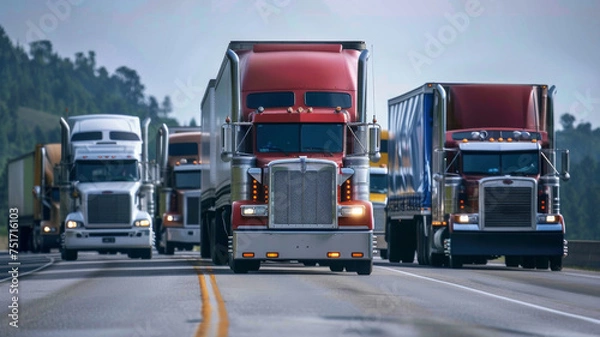 Obraz semi trucks lined up on freeway.