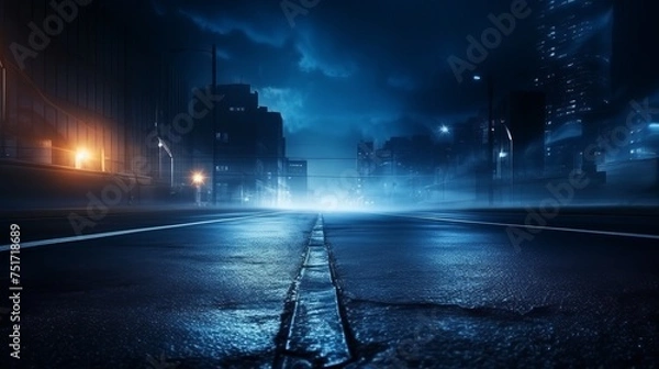 Fototapeta Dark Street Scene with Wet Asphalt, Neon Lights, and Smoke - Abstract Blue Background