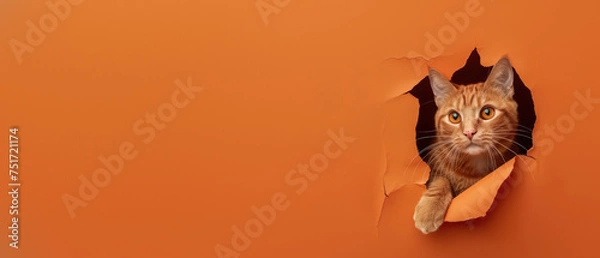Fototapeta Orange background with a ginger cat peeking through a ripped hole, showing curiosity and playfulness