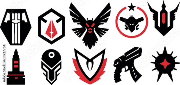 Fototapeta Set Greyscale cyberpunk video game symbol. Hand drawn vector illustration