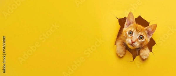 Fototapeta A curious ginger kitten with large, expressive eyes pokes head through a hole in a yellow background